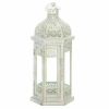 Distressed White Metal Lantern with Floral Cutouts - 12 inches
