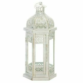 Distressed White Metal Lantern with Floral Cutouts - 12 inches