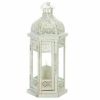 Distressed White Metal Lantern with Floral Cutouts - 12 inches